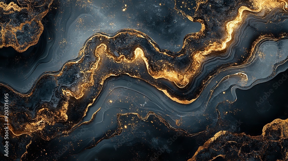 Fototapeta premium Acrylic textured art in black and gold colors in a stylized fashion background