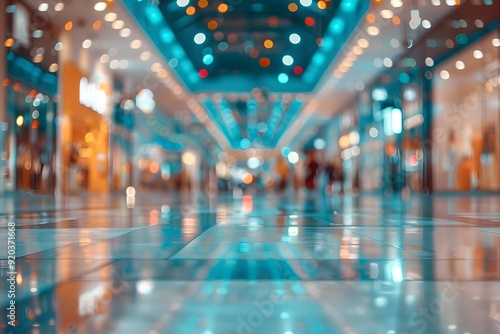 Vibrant Shopping Mall Interior with Blurred Foot Traffic and Colorful Lights