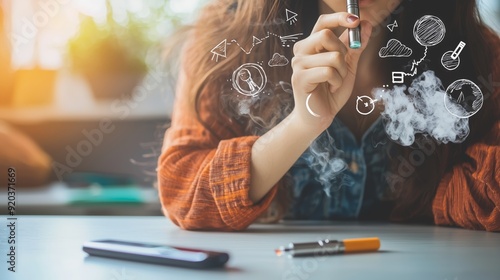 A person trying to quit smoking with an e-cigarette, but surrounded by failure symbols, highlighting the ineffectiveness