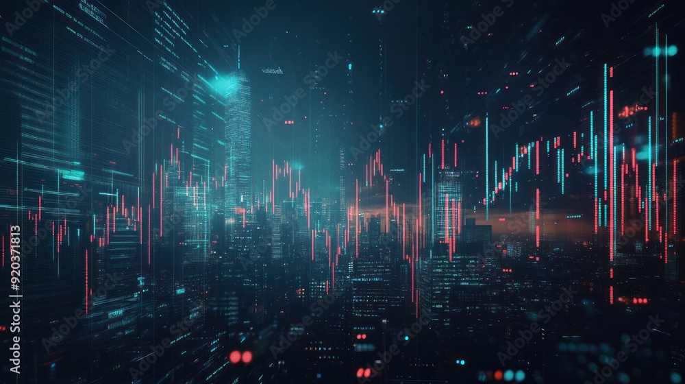 Night City Skyline with Digital Overlay Night City Skyline with Digital Overlay