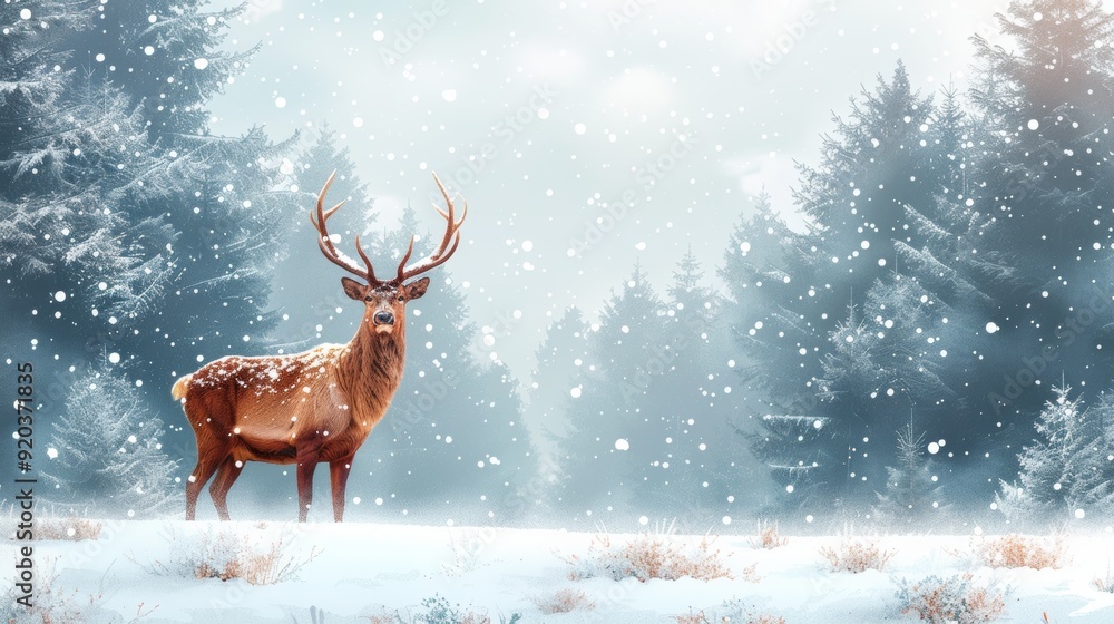 Majestic Reindeer in Snowy Forest Landscape Majestic Reindeer in Snowy Forest Landscape