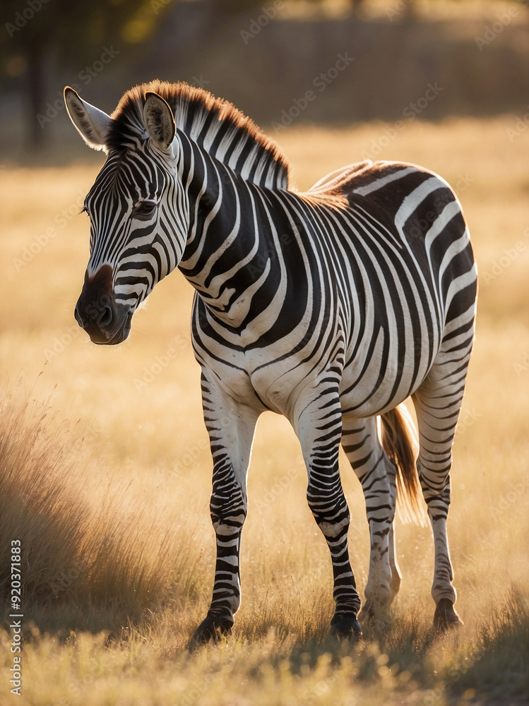 Naklejka premium Zebra standing in golden grassland at sunset