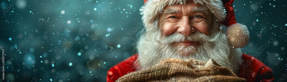 Smiling Santa Claus Holding a Gift Bag in Winter Landscape Smiling Santa Claus Holding a Gift Bag in Winter Landscape