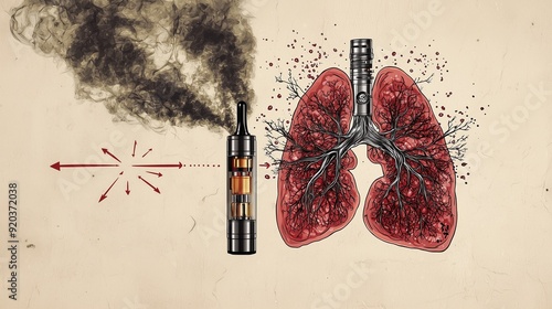 A detailed graphic showing a damaged lung next to an e-cigarette, with arrows pointing to harmful chemicals like nicotine and formaldehyde photo