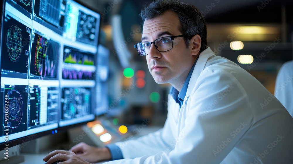Logistician analyzing data on a computer in a control room Logistician analyzing data on a computer in a control room