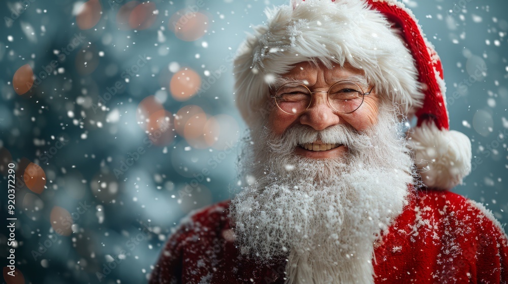Smiling Santa Claus Portrait in Snow with Festive Winter Background Smiling Santa Claus Portrait in Snow with Festive Winter Background