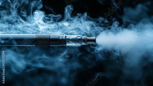 A detailed view of an e-cigarette releasing vapor, with highlighted warnings for nicotine, formaldehyde, and other toxic substances photo