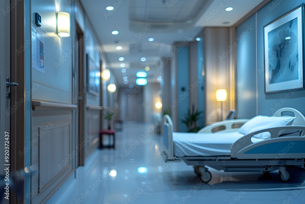 Obraz premium Calm and Serene Hospital Corridor with Patient Bed