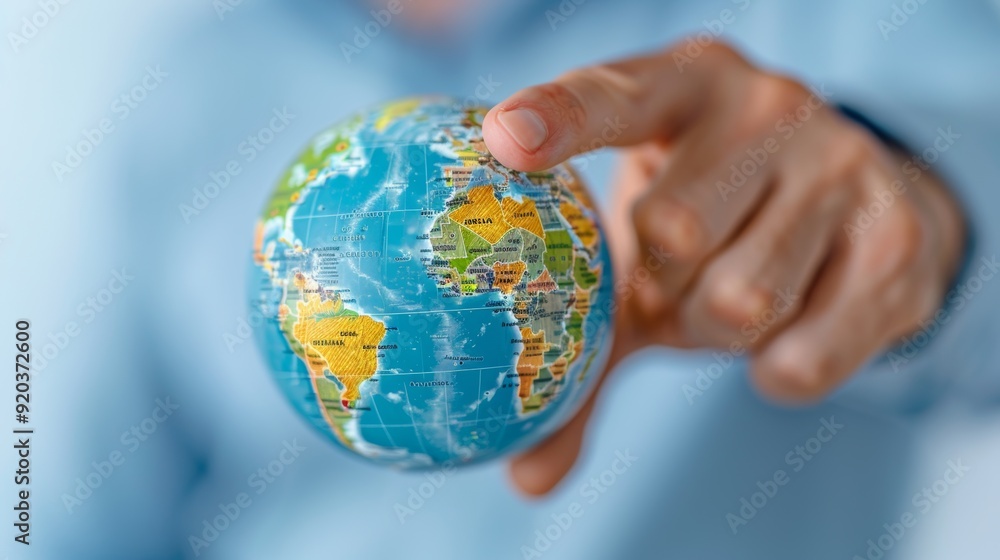 Hand Spinning Modern Globe Pointing to Various Destinations on Map Hand Spinning Modern Globe Pointing to Various Destinations on Map