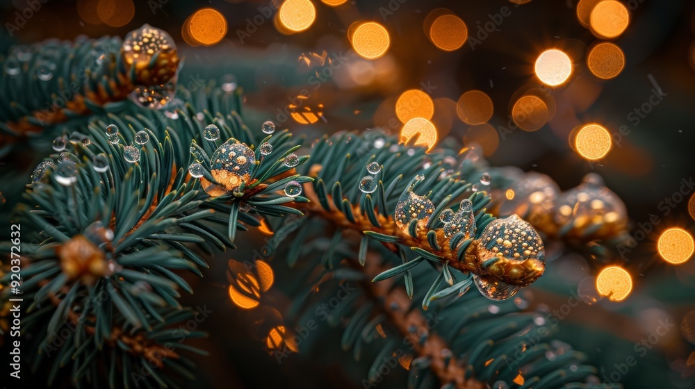 Naklejka premium Dew drops on evergreen branches illuminated by warm bokeh lights during twilight