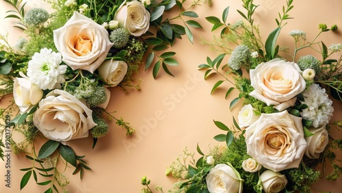 Delicate white flowers and lush greenery intertwined on a soft peach-hued background, creating a romantic and whimsical atmosphere perfect for a dreamy wedding setting.