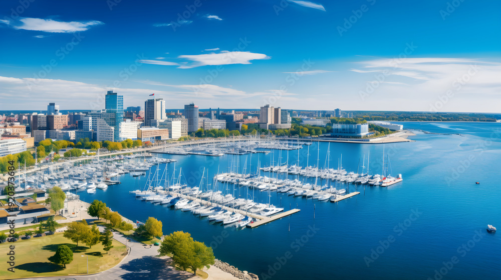 Obraz premium Gdynia City Skyline: An Enchanting Blend of Modernity and Maritime Heritage Amidst Serene Natural Backdrop