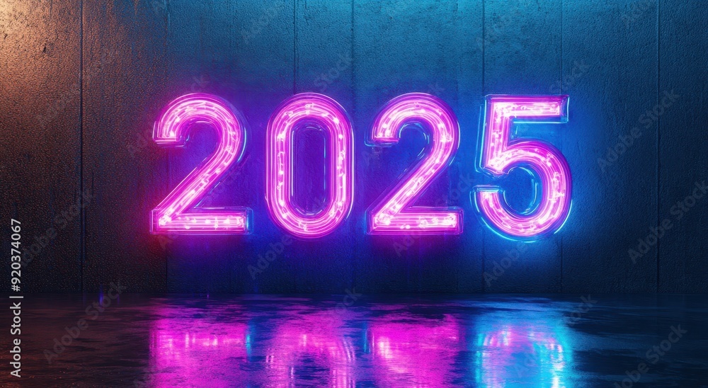 2025 New year, written in glowing blue and purple neon letters on the background of reflective glass, creating an atmosphere of modernity and energy. The numbers glow with vibrant colors that create a 2025 New year, written in glowing blue and purple neon letters on the background of reflective glass, creating an atmosphere of modernity and energy. The numbers glow with vibrant colors that create a