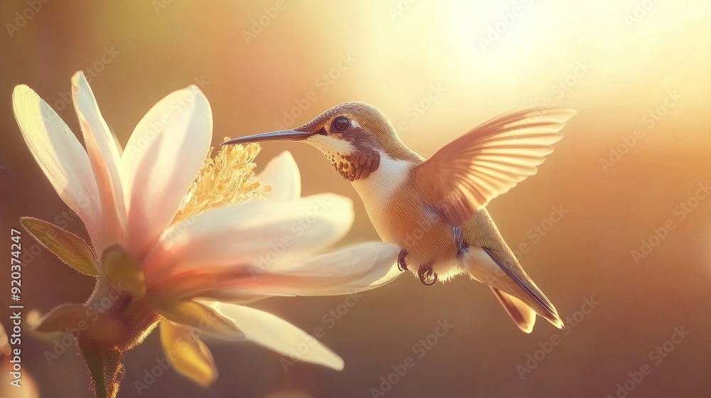 Obraz premium Hummingbird in Flight, Feeding on a Flower