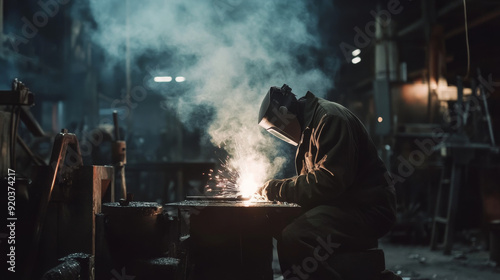 Professional welder in a workshop with metal structures around