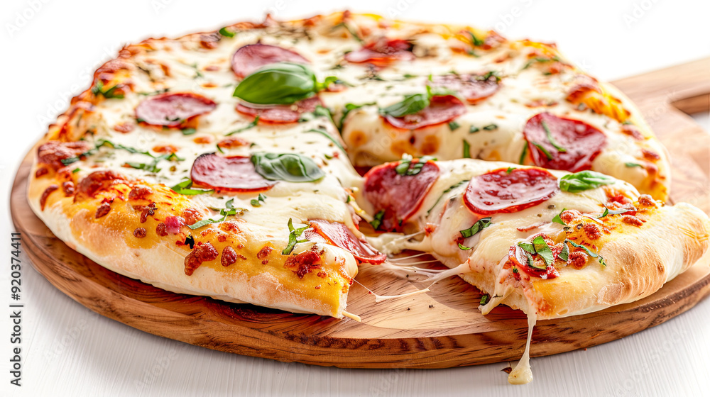 A delicious, freshly baked pizza topped with gooey mozzarella cheese, slices of pepperoni, and savory ham, isolated on a clean white background A delicious, freshly baked pizza topped with gooey mozzarella cheese, slices of pepperoni, and savory ham, isolated on a clean white background