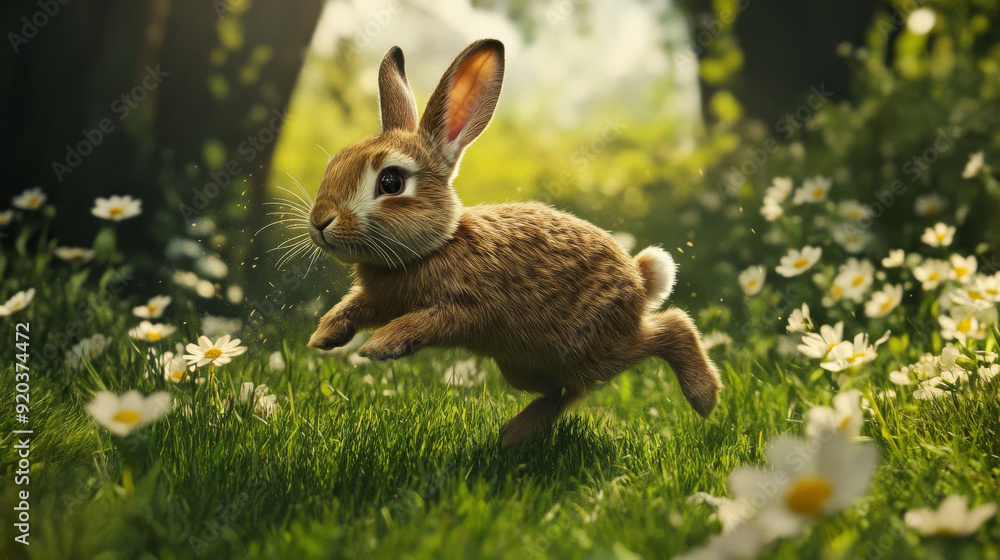 Rabbit hopping through a grassy yard with flowers Rabbit hopping through a grassy yard with flowers