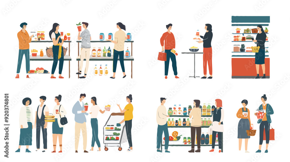 Set of different customers in a grocery store. People make purchases of food and drinks Vector flat illustrations on a white background Set of different customers in a grocery store. People make purchases of food and drinks Vector flat illustrations on a white background