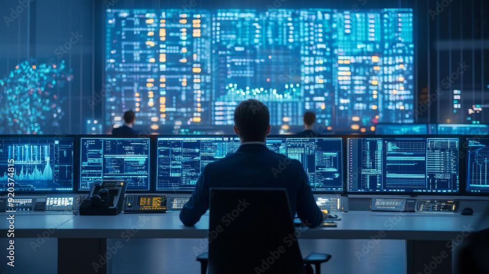 Renewable energy grid control room with engineers monitoring Renewable energy grid control room with engineers monitoring