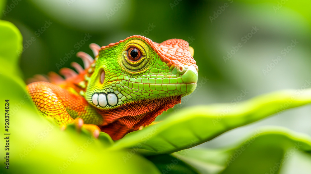 Fototapeta premium Green Iguana Portrait: A vibrant green iguana with a striking red dewlap peeks out from behind lush green foliage. Its curious gaze and intricate scales invite you to explore the wonders of the natur