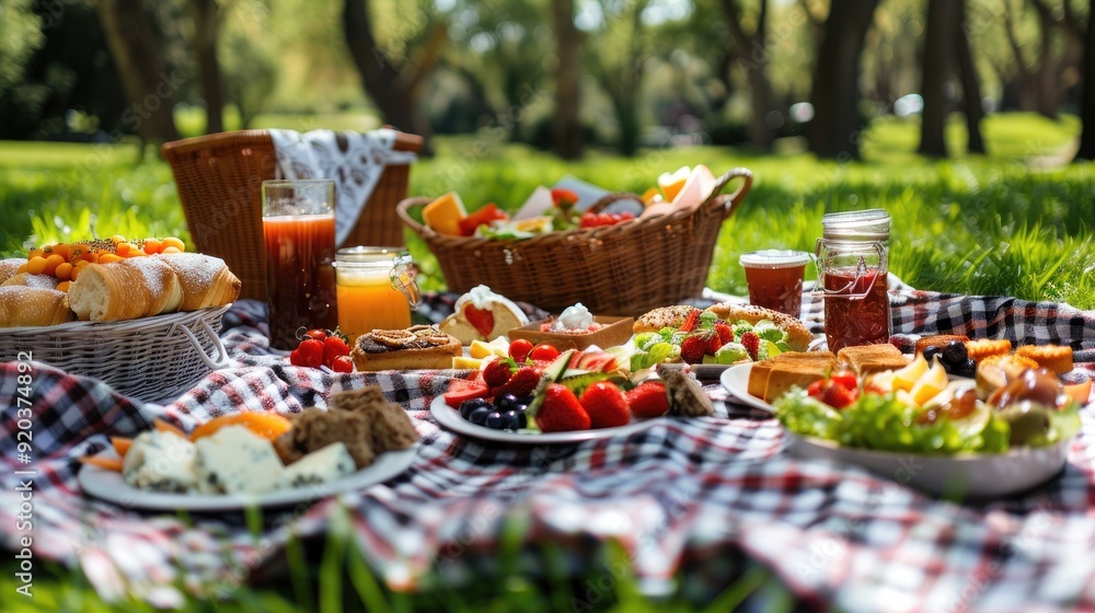 A picnic spread on a checkered blanket in a park with pastries, fruit, cheese, and drinks. A picnic spread on a checkered blanket in a park with pastries, fruit, cheese, and drinks.