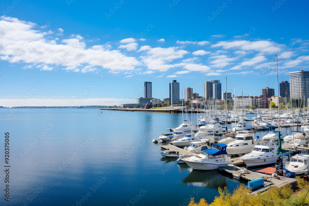 Obraz premium Gdynia City Skyline: An Enchanting Blend of Modernity and Maritime Heritage Amidst Serene Natural Backdrop