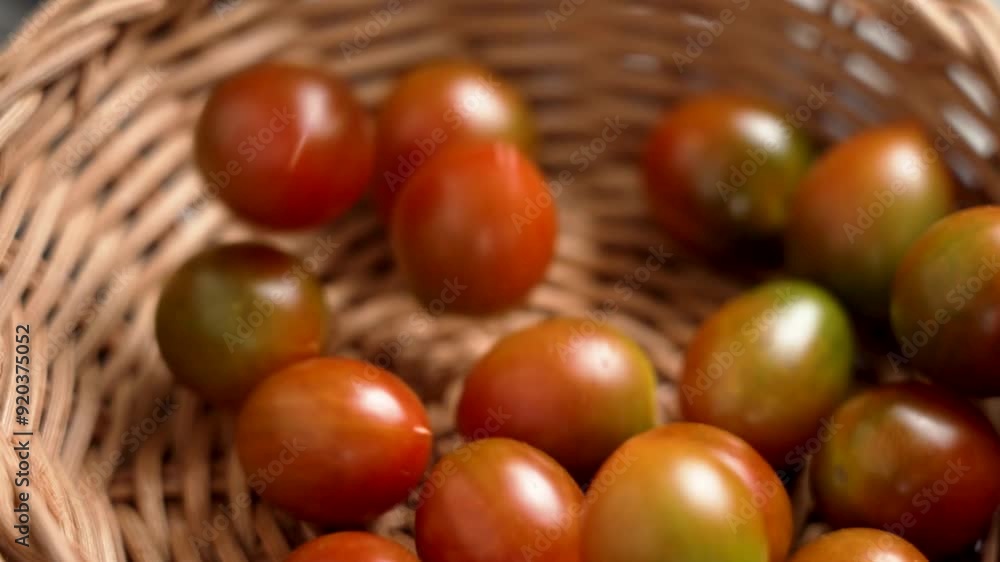 Kumato cherry tomatoes falling in slow motion into a rattan bowl close up. Vegetable organic ingredients. Top view Kumato cherry tomatoes falling in slow motion into a rattan bowl close up. Vegetable organic ingredients. Top view