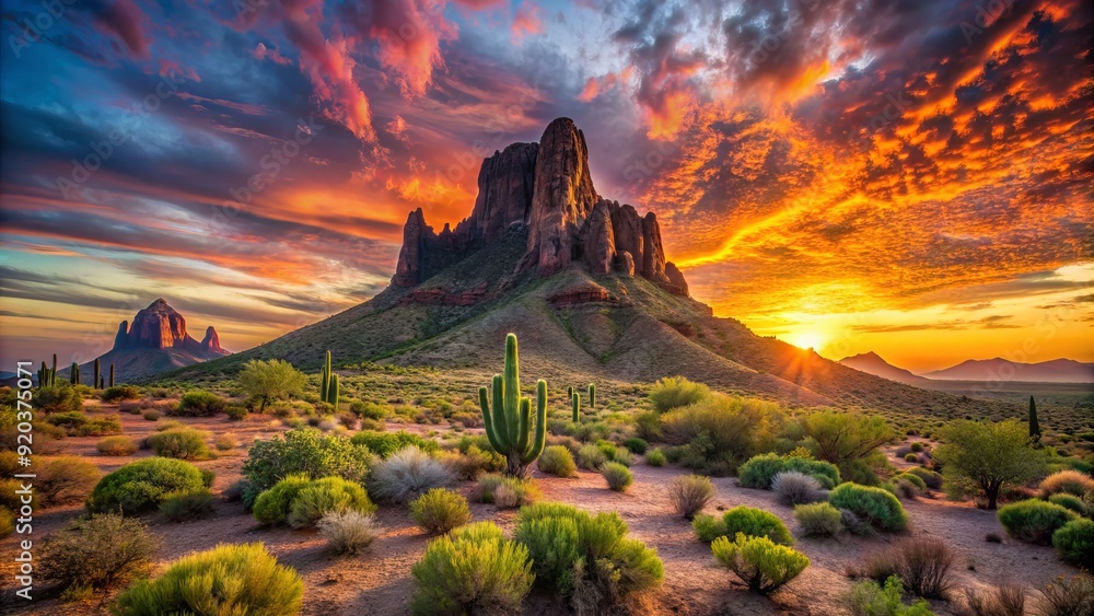 Fototapeta premium Dramatic sunset illuminates the rugged landscape of Picacho Peak State Recreation Area in Arizona, featuring a prominent rock formation amidst desert flora and vast sky.