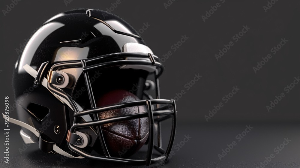 Fototapeta premium American football background with ball and black helmet 3D Rendering