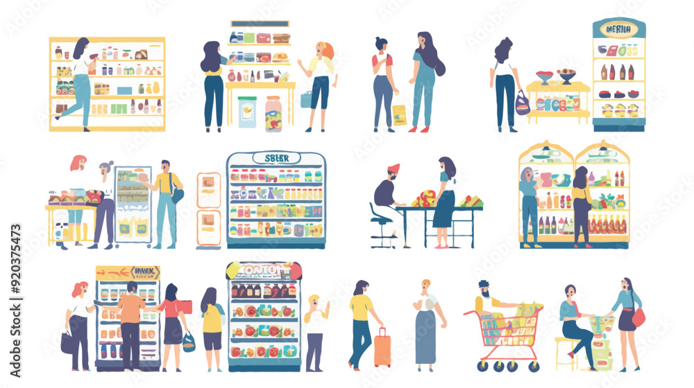 Set of different customers in a grocery store. People make purchases of food and drinks Vector flat illustrations on a white background Set of different customers in a grocery store. People make purchases of food and drinks Vector flat illustrations on a white background