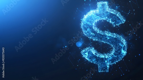 Blue Glowing Dollar Sign on Dark Blue Background with Digital Line Pattern, Representing Cyber Money Concept, High-Tech Financial Symbol, Modern Digital Currency Illustration