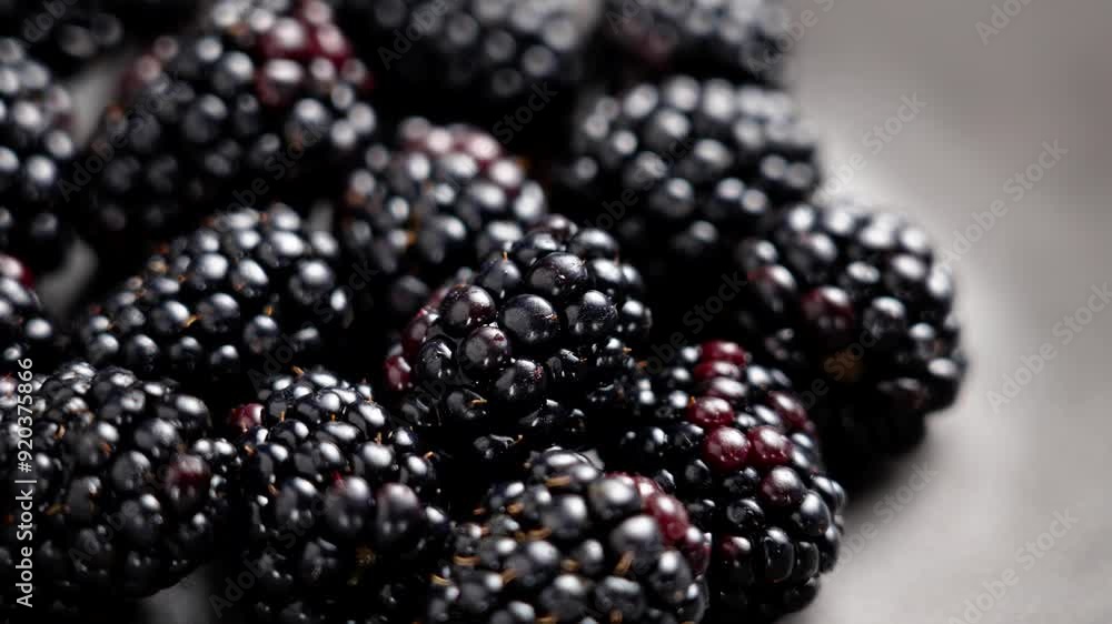 Ripe blackberries in a bowl and a foodie hand taking one juicy bramble berry from the grey plate. Macro shot Ripe blackberries in a bowl and a foodie hand taking one juicy bramble berry from the grey plate. Macro shot
