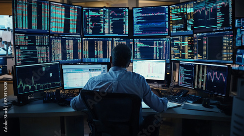 Stockbroker monitoring 2024 market trends on multiple screens