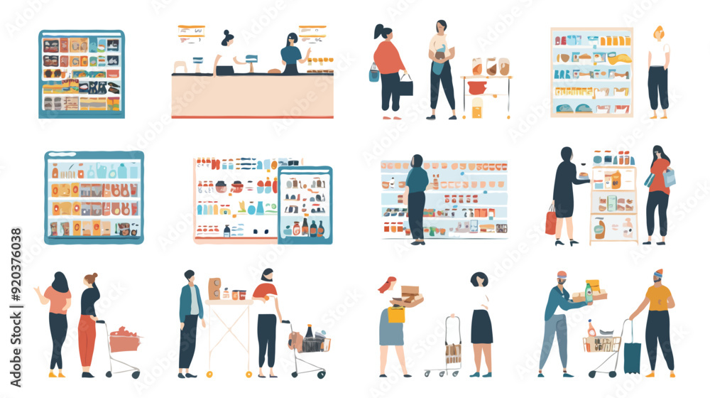 Set of different customers in a grocery store. People make purchases of food and drinks Vector flat illustrations on a white background Set of different customers in a grocery store. People make purchases of food and drinks Vector flat illustrations on a white background