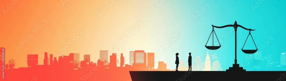 Silhouette of two people standing opposite a large justice scale with a city skyline in the background, during a vibrant sunset.
Silhouette of two people standing opposite a large justice scale with a city skyline in the background, during a vibrant sunset.