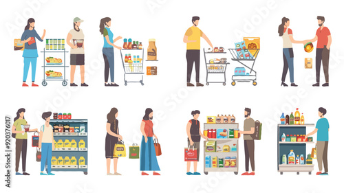 Set of different customers in a grocery store. People make purchases of food and drinks Vector flat illustrations on a white background
