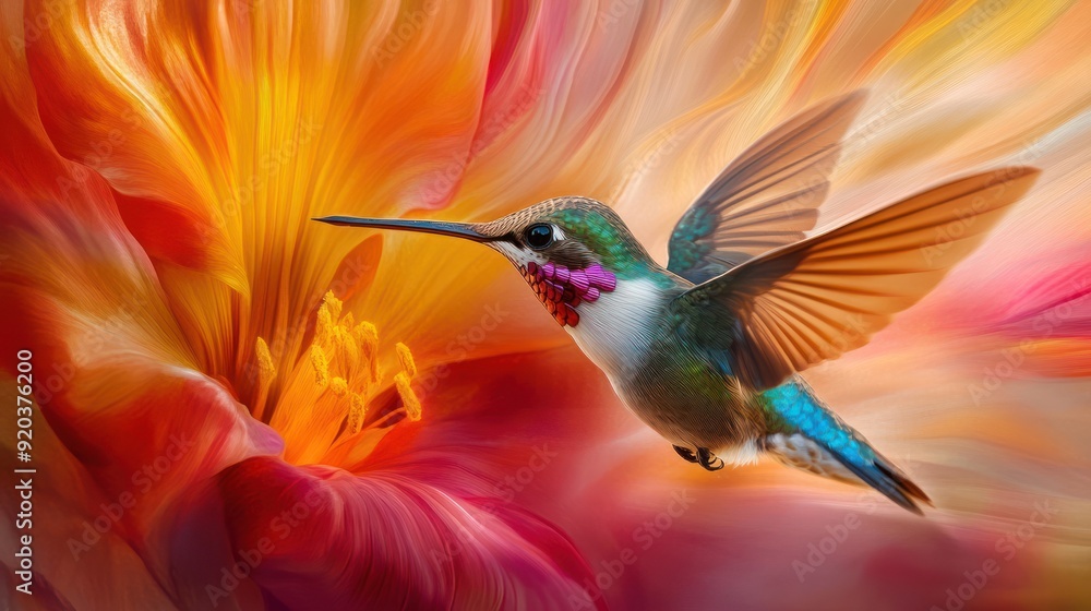 Fototapeta premium Hummingbird in Flight with Abstract Flower Background