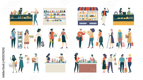 Set of different customers in a grocery store. People make purchases of food and drinks Vector flat illustrations on a white background