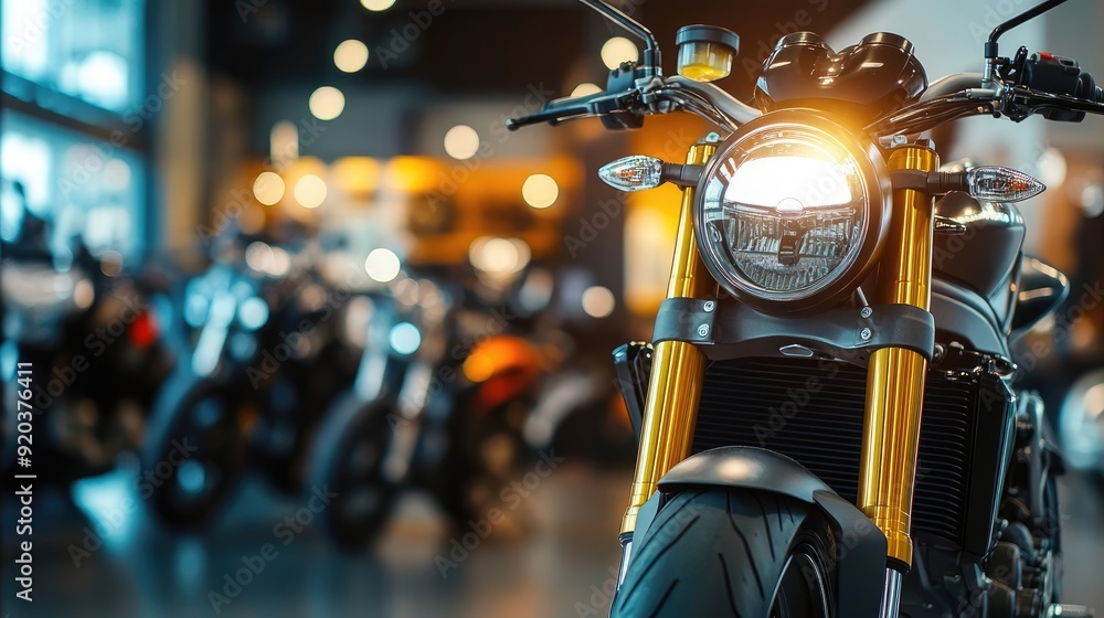 Modern Motorcycle Display with Headlight On in a High-End Showroom Modern Motorcycle Display with Headlight On in a High-End Showroom
