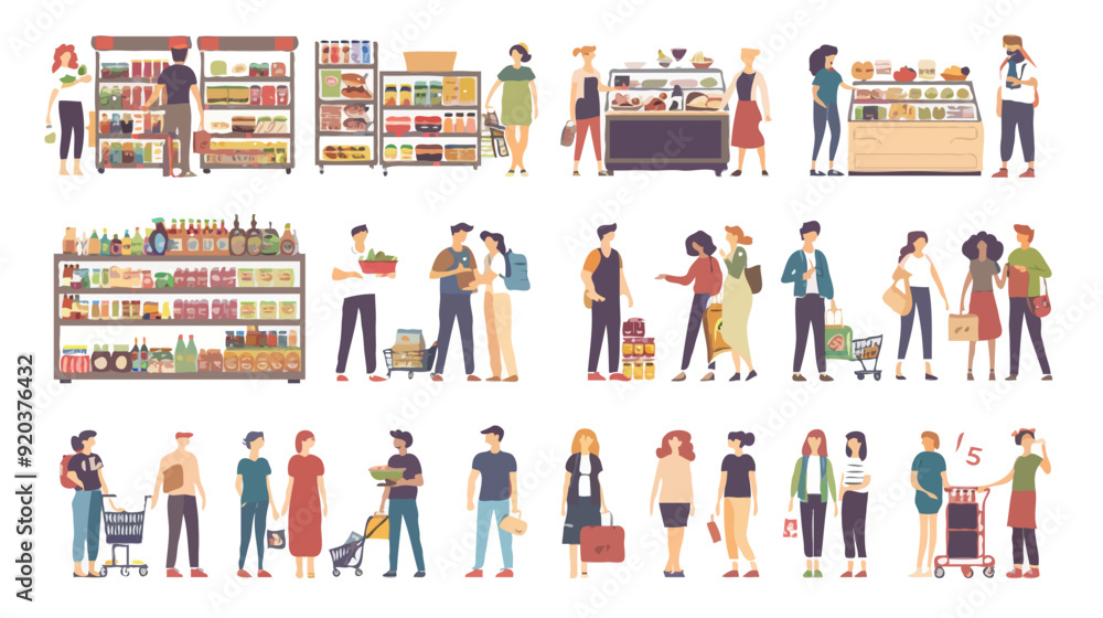 Set of different customers in a grocery store. People make purchases of food and drinks Vector flat illustrations on a white background Set of different customers in a grocery store. People make purchases of food and drinks Vector flat illustrations on a white background