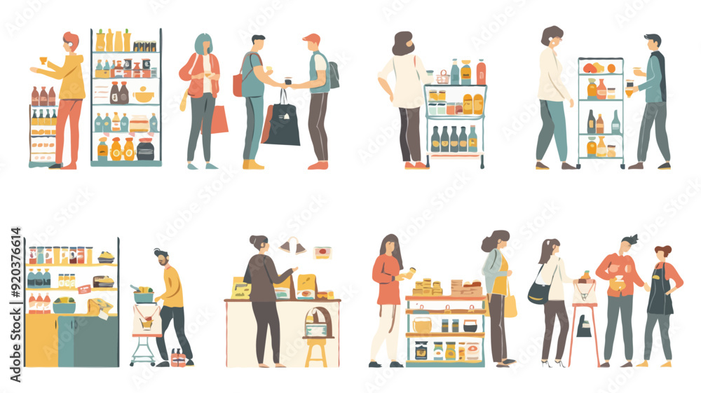 Set of different customers in a grocery store. People make purchases of food and drinks Vector flat illustrations on a white background Set of different customers in a grocery store. People make purchases of food and drinks Vector flat illustrations on a white background