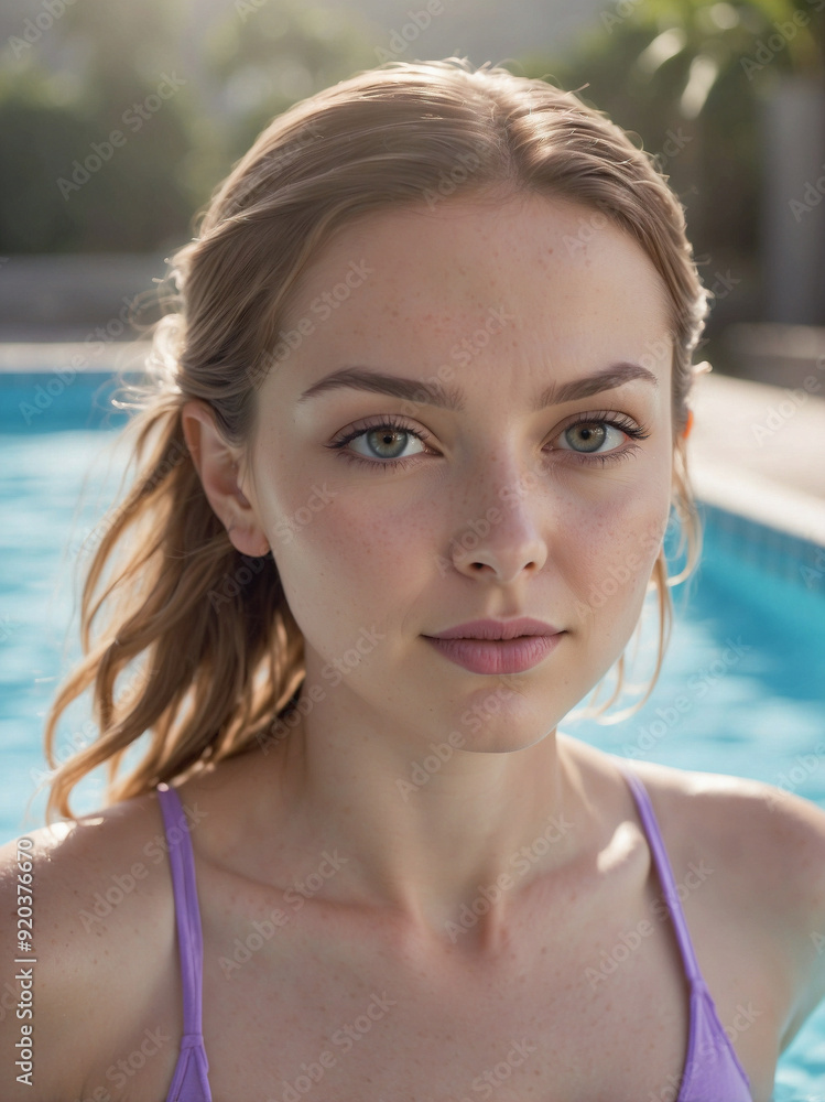 Young Woman in Blue Bikini by the Poolside on a Sunny Day Young Woman in Blue Bikini by the Poolside on a Sunny Day