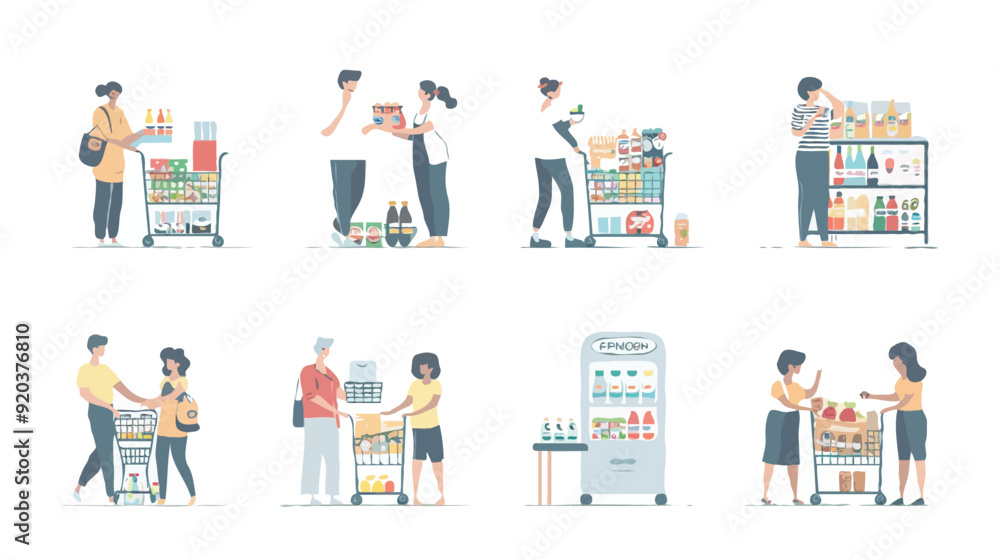 Set of different customers in a grocery store. People make purchases of food and drinks Vector flat illustrations on a white background Set of different customers in a grocery store. People make purchases of food and drinks Vector flat illustrations on a white background