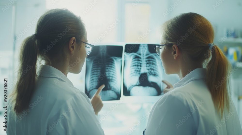 Two female medical doctors are examining X-rays in a hospital Two female medical doctors are examining X-rays in a hospital