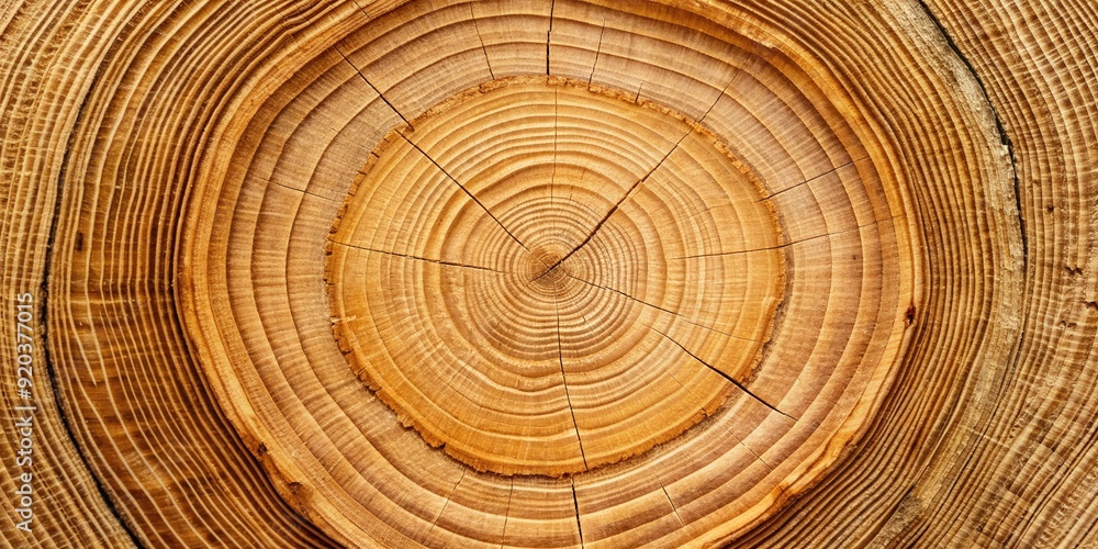 Fototapeta premium Macro view of a wooden cross-section, exhibiting intricate annual rings and natural textures, with a blank area for text or design, highlighting organic beauty.