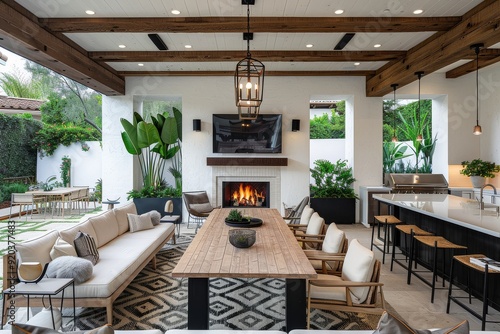 Luxury home outdoor kitchen and dining area with modern white walls, wooden beams, large TV above fireplace, black metallic chandelier, long wood table, comfortable chairs, geometric carpeting