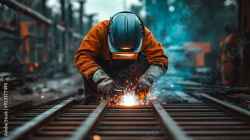 Welder working on a metal bridge construction