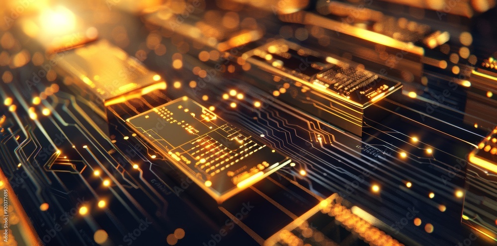 Golden bars set against a futuristic digital circuit background create a striking contrast between luxurious elegance and high-tech design. Golden bars set against a futuristic digital circuit background create a striking contrast between luxurious elegance and high-tech design.
