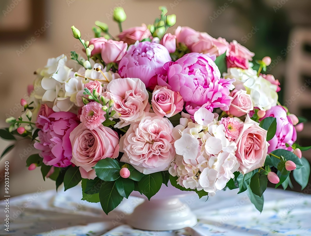 Beautiful bouquet of peonies, roses and hydrangeas in pink colors on the table. The concept of flowers for a grandmother's birthday or Valentine's Day. Beautiful bouquet of peonies, roses and hydrangeas in pink colors on the table. The concept of flowers for a grandmother's birthday or Valentine's Day.