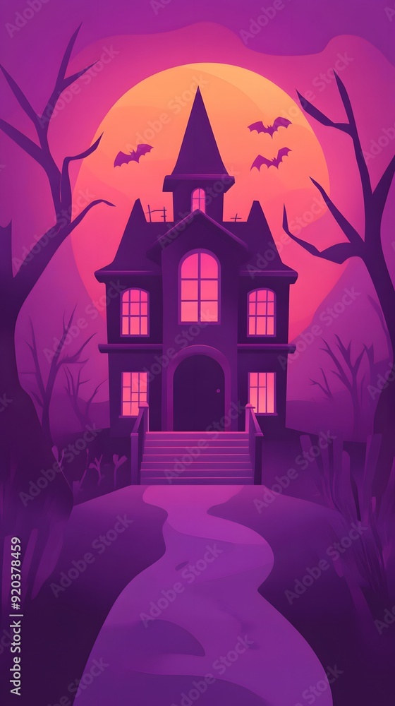 Fototapeta premium A spooky, silhouette of a haunted house with a path leading to it, under a full moon and a twilight sky. Bats fly overhead.